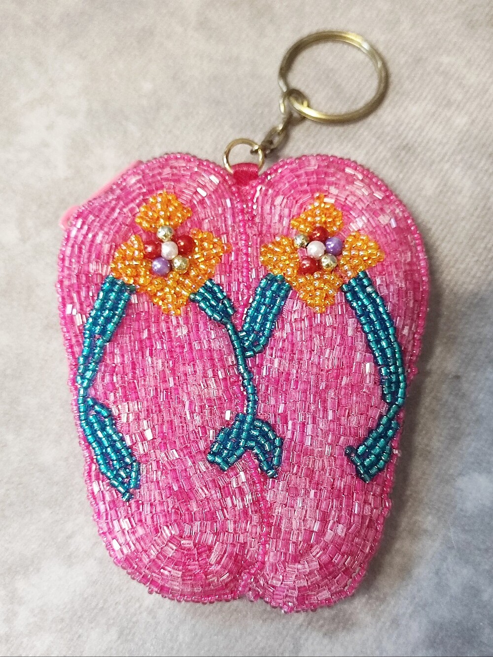 Flip Flop Sandals Seed Bead Coin Purse Keychain Hot Pink Golden Flowers Teal NEW